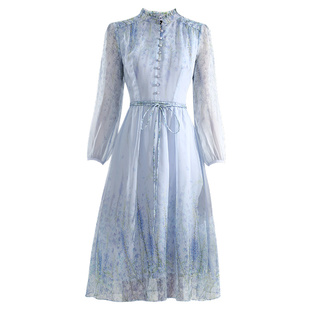 未风雪纺长裙女春季2026新款女装蓝色法式裙子长袖气质显瘦连衣裙