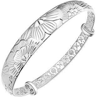 牡丹花银手镯女9999纯实心款银镯子妈妈生日新年礼物送长辈老年人