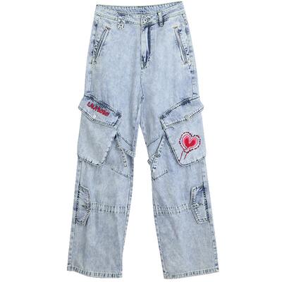 lalabobo工装口袋直筒牛仔长裤