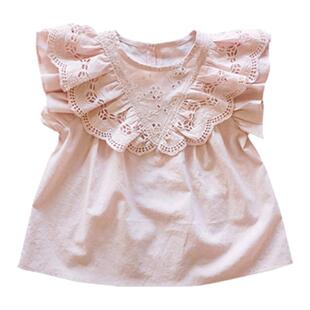 小女孩上衣薄款棉布儿童宝宝夏装韩版童装洋气镂空木耳边女童体恤