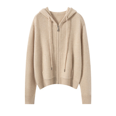 双股加厚连帽100%纯山羊绒开衫女