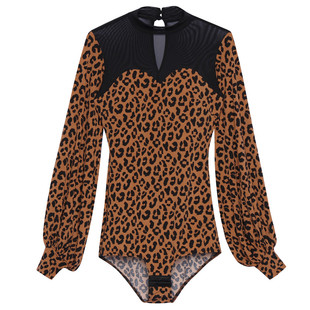 火叶花摩登舞蹈服女成人新款秋冬高领丝绒连体练功国标灯笼袖上衣