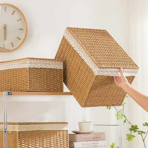 厂家直销收纳盒家用带盖藤整化妆品收纳衣服筐箱编织篮零食整理