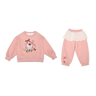 女童春装套装洋气卡通印花儿童卫衣春秋花边休闲宝宝屁帘裤两件套