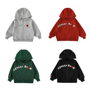 幼悠男童樱桃刺绣胶印休闲连帽卫衣2026春秋新款儿童帅气拉链外套
