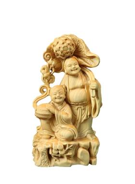 黄杨木雕刻合二仙摆件