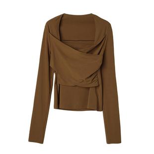 【到手99元】别致方领锁骨长袖T恤围裹针织衫修身内搭上衣打底衫