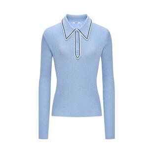 LILY2026春新款女装含羊毛撞色POLO领休闲气质通勤修身蓝色针织衫