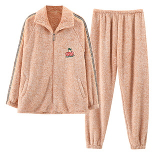 睡衣女冬季长袖长毛绒绒保暖法兰绒拉链开衫立领可外穿家居服套装