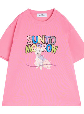 速干凉感suntomorrow2026夏季字母小狗印花T恤女童短袖宽松上衣潮