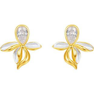 周六福花朵耳环耳钉黄金色耳饰S925银高级甜美时尚女神节礼物