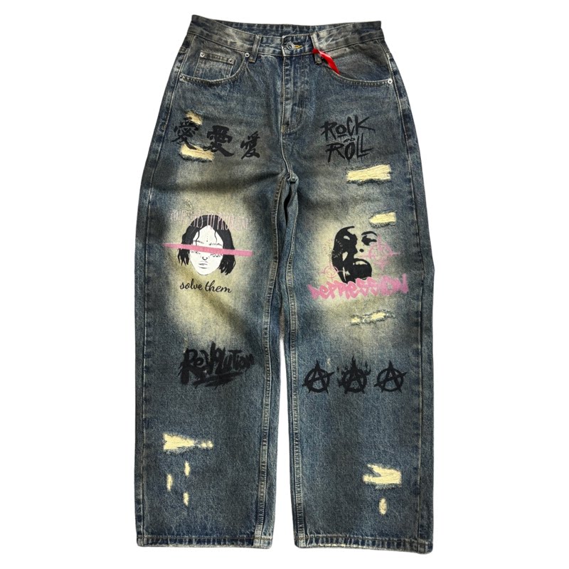 巴黎风格美式涂鸦印花牛仔裤男潮牌复古宽松破洞嘻哈炸街阔腿长裤