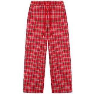 落落狷介 裤子女2025新款秋冬加绒红色宽松系带格子阔腿裤小个子