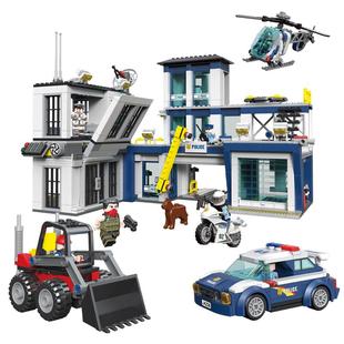 迪库积木城市city汽车警察追捕飞机直升机研究所益智场景拼搭玩具