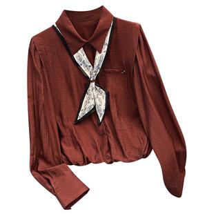 白色长袖衬衫外套带领带短款小衫女士2026早春季新款独特漂亮上衣