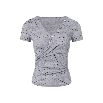 原创波点贝壳扣饰交叠扭结T恤