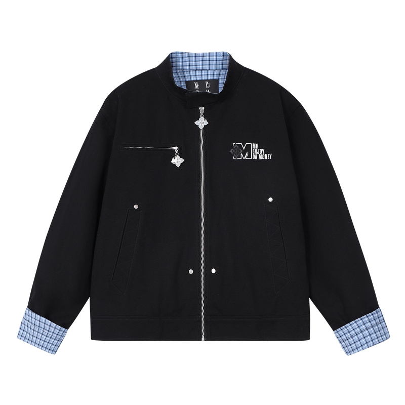 MEDM 纯色拼格纹休闲拉链夹克25新款街头百搭男女宽松翻领外套秋