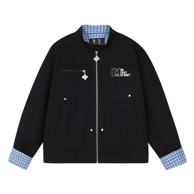 MEDM纯色拼格纹休闲拉链夹克