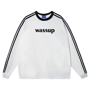 WASSUP美式复古运动条纹长袖卫衣女秋季宽松百搭潮流情侣圆领上衣