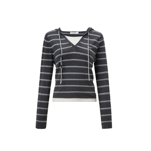 GUOOBEAR古家小熊女装针织衫2026春季新款条纹V领连帽假两件上衣