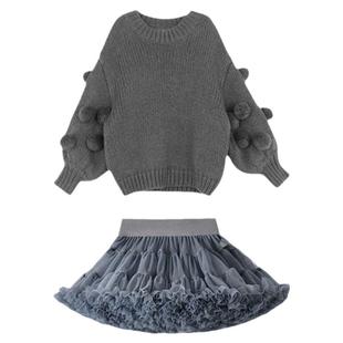 小女孩时髦韩系套装TUTU半身裙女宝宝生日礼服女童毛球球套头毛衣