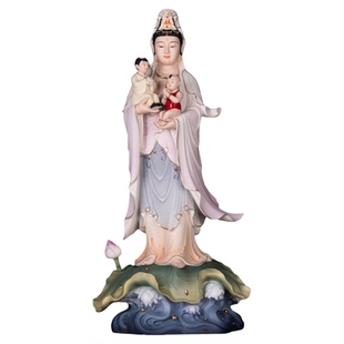 陶瓷立莲双子送子观音佛像摆件现代高端手绘陶瓷家居供奉祝福摆件