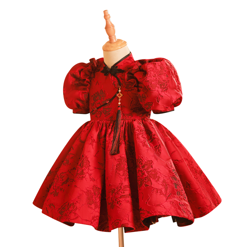 喜绒兔红色公主裙女童礼服中国风