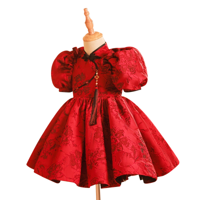 喜绒兔红色公主裙女童礼服中国风