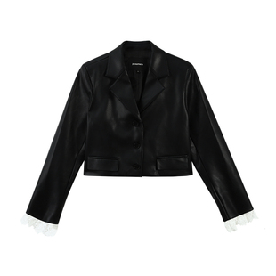 pusumede 【现货6折】黑色短款皮衣西装外套女设计感气质小西服