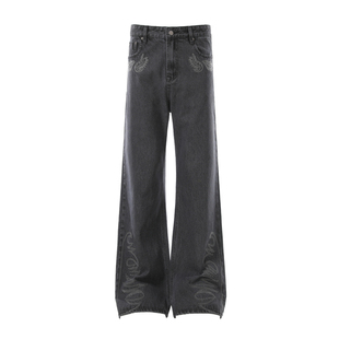 BTSG 原牛窄幅赤耳烧花刺绣提花牛仔裤baggy街头宽松直筒阔腿长裤