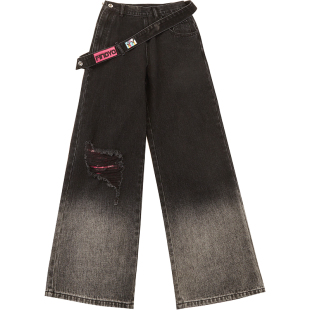 自然涩秋冬季侧拉链黑色牛仔裤女2026早春新款加绒直筒阔腿长裤子