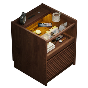 实木床头柜家用卧室智能带插座氛围灯小型胡桃色窄款床边置物柜子