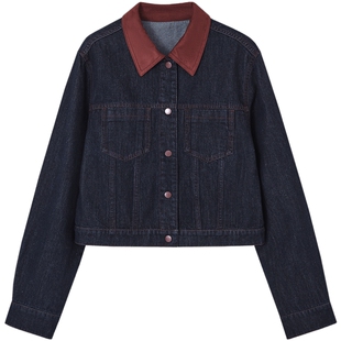 德玛纳复古风麂皮绒翻领牛仔外套女春秋新款四合扣短款夹克上衣