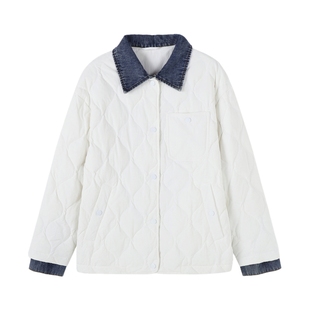 Basic House/百家好假两件牛仔拼接轻薄羽绒服秋冬小个子短款外套