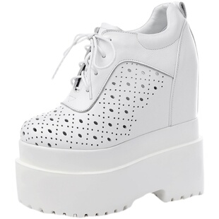 内增高单鞋女坡跟真皮镂空透气松糕厚底鞋小个子16CM超高跟小白鞋