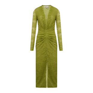 [重工花卉蕾丝]DVF2025新款牛油果绿纯色前开衩蕾丝连衣裙DL3S011