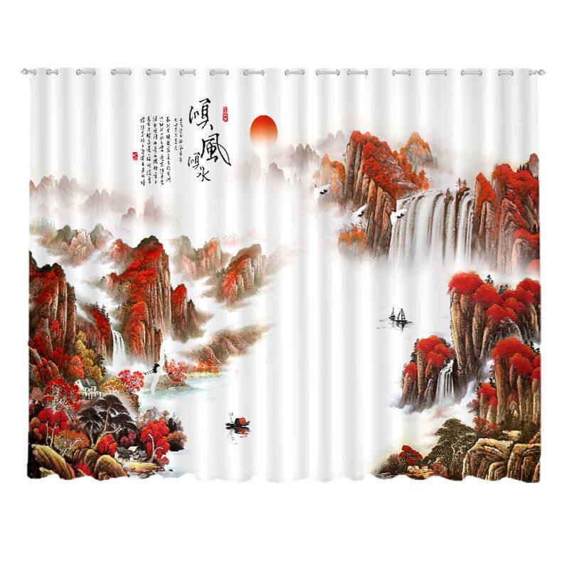 新中式山水风景画窗帘遮光隔断帘