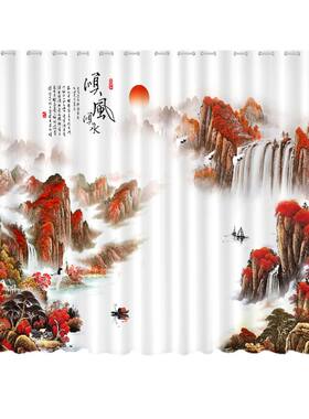 新中式山水风景画窗帘遮光隔断帘