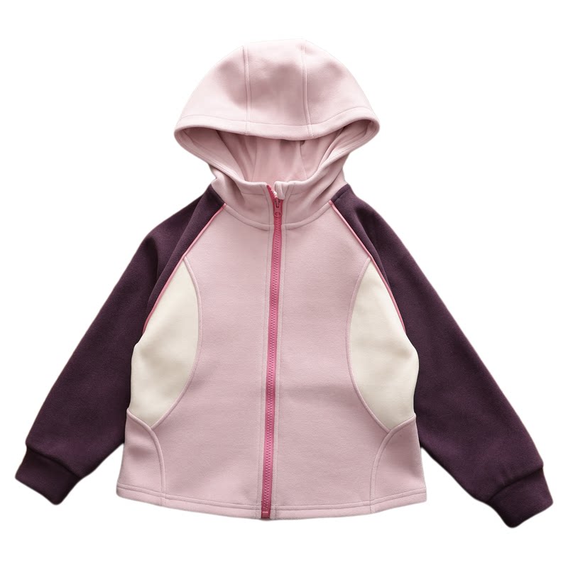 女童冬季双面加绒连帽棒球服外套儿童装洋气拼色保暖休闲发热卫衣