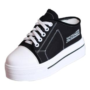 2025夏季透气帆布小白鞋女厚底内增高10CM无后跟半拖鞋懒人鞋学生