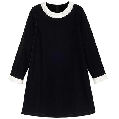 哈齿赫本风撞色花边丝绒连衣裙