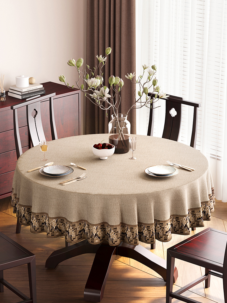 新中式圆桌子桌布棉麻布艺轻奢高级感防水台布酒店实木圆形餐桌布