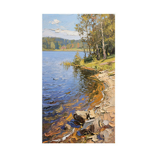 大芬村纯手绘油画湖岸晴林客厅装饰画高级感壁画入户玄关肌理挂画