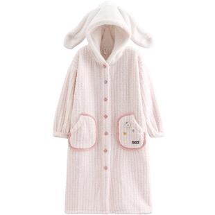 芬腾女士睡袍秋冬季珊瑚绒连帽睡衣女款加绒加厚可爱抗静电家居服