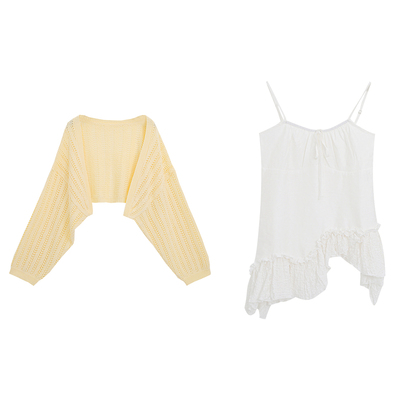 大码女装胖妹妹mm显瘦遮肚子减龄套装春款镂空开衫蕾丝吊带两件套