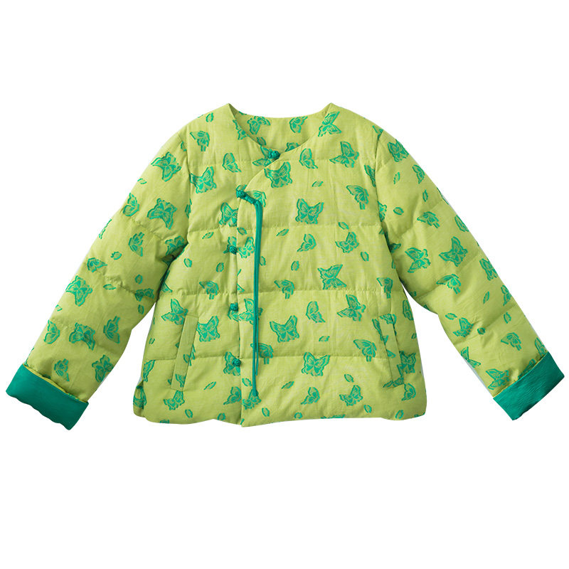 蝴蝶剪花羽绒服偏襟盘扣复古圆领