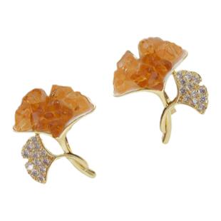 2025新款暖色温柔风耳环无耳洞设计复古银杏叶子黄水晶渐变色耳夹