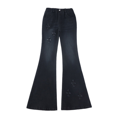 女童加绒牛仔裤2025新款儿童喇叭裤黑色女孩微喇长裤子大童秋冬季