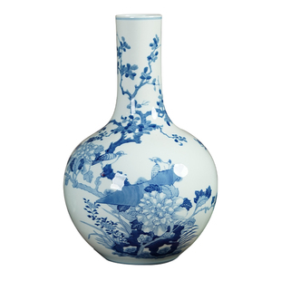 皇窑景德镇花瓶手绘青花瓷花鸟天球瓶陶瓷器客厅插花装饰摆件大号