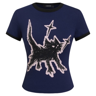CIDER猫咪印花圆领短袖T恤